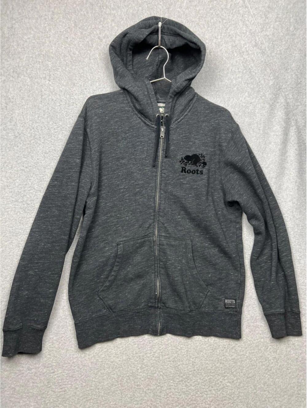 Roots Hoodie Mens Full Zip Sweatshirt Logo M Comfort Casual Winter Active Gray